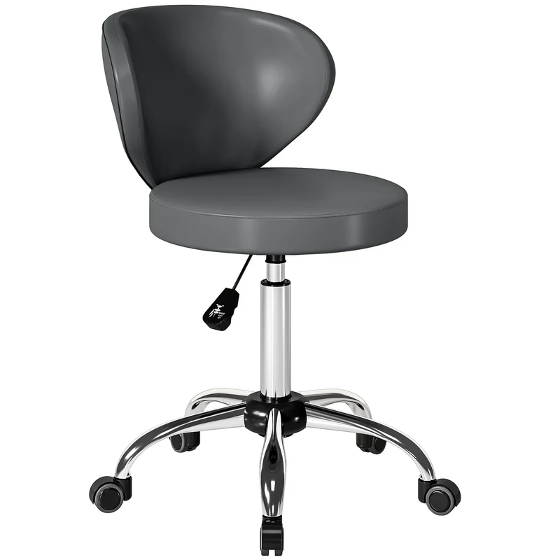 Tabouret à roulettes salon 45 x 54 x 73-88 cm dossier incurvé soutien lombaire pivotant 360° moderne épuré en PU gris 21_0000773