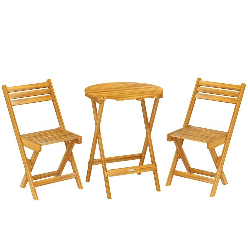 Lot de 3 ensemble bistrot pliable salon jardin 60 x 60 x 75 cm sans montage rustique épuré en bois d'acacia naturel 21_0005348