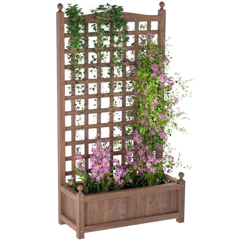 Jardinière sur pied avec treillis balcon jardin 64 x 28 x 120 cm gain de place intimité rustique épuré en bois marron 21_0004193