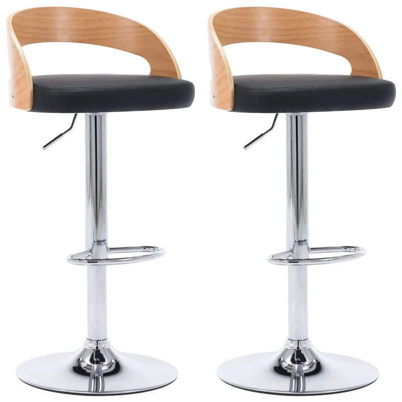 Lot de 2 tabourets de bar chaises hautes rétro en PVC noir bois courbé et métal DEC029813