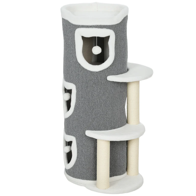 Tour pour chat 4 niveaux 50 x 36 x 101 cm espaces privés sécurisés griffoirs robustes moderne scandinave en bois gris 21_0007750