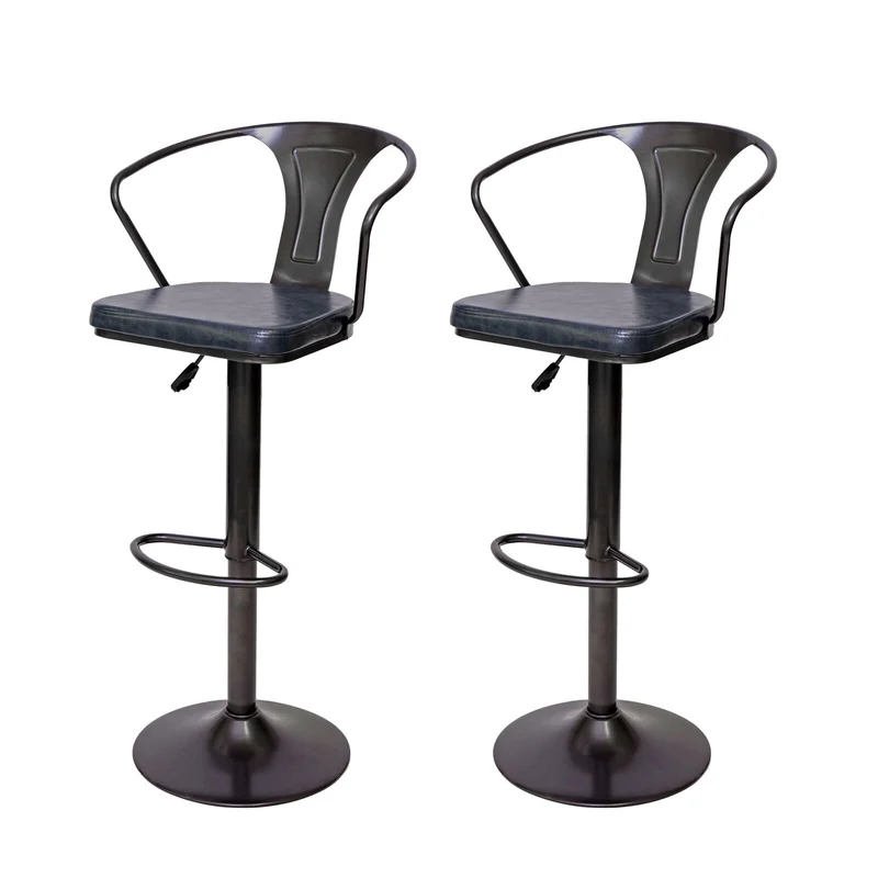 2x tabourets de bar en synthétique gris et métal noir style industrielle avec accoudoirs TDB04056