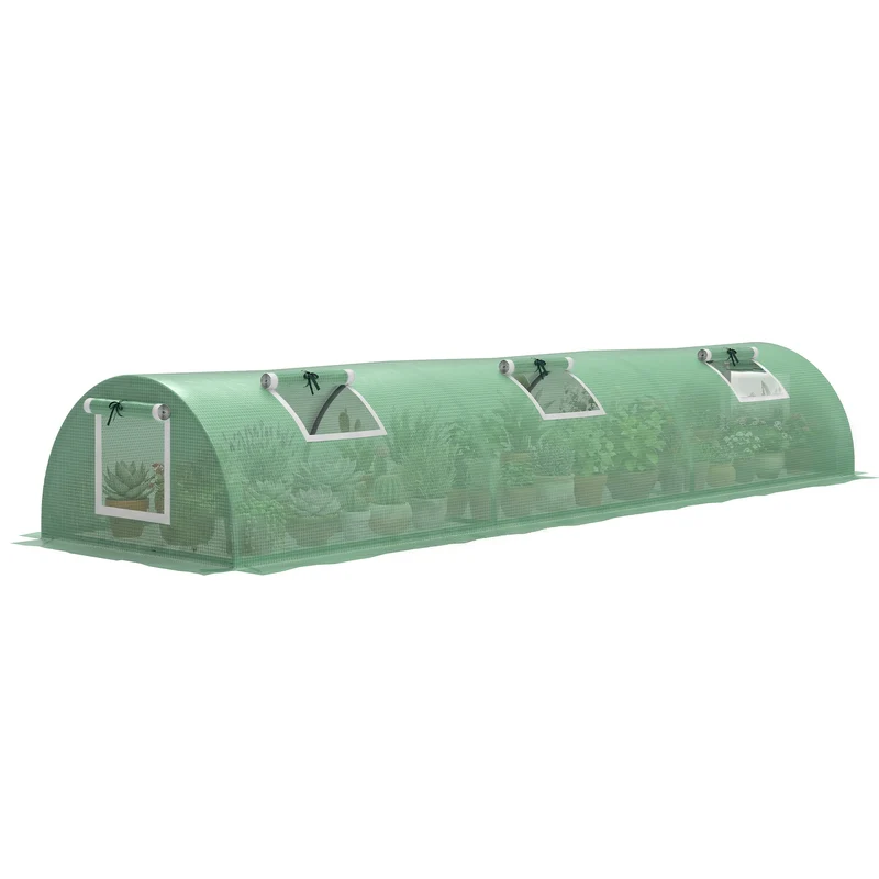 Serre de jardin tunnel 300 x 80 x 45 cm compacte ventilation optimale 5 fenêtres enroulables style épuré en acier vert 21_0004279