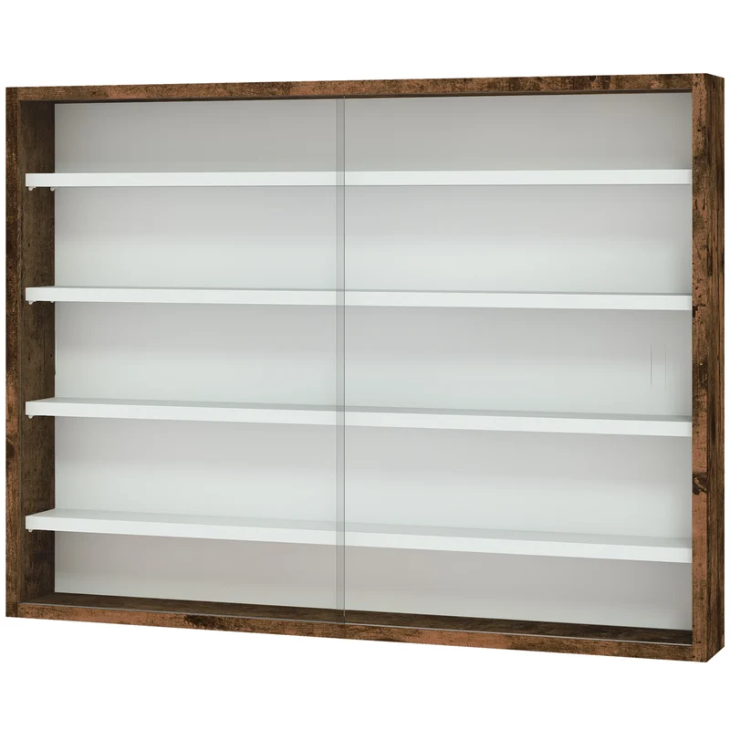 Vitrine murale pour collection 80 x 9,5 x 60 cm 4 étagères réglables portes coulissantes moderne en bois mélaminé marron 21_0001779