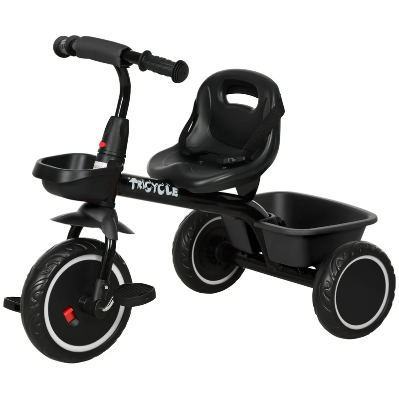 Tricycle évolutif pour enfant 80 x 48 x 63 cm siège réglable ceinture de sécurité 2 paniers moderne épuré en acier noir 21_0000536