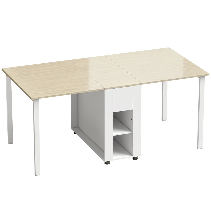 Table à manger pliante extensible 168,2 x 85 x 73 cm gain de place tiroirs et étagères rangement scandinave en MDF blanc 21_0003401