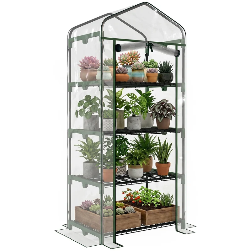 Serre de jardin 4 étagères 70 x 50 x 160 cm protection intempéries robuste gain de place contemporain en PVC transparent 21_0004097