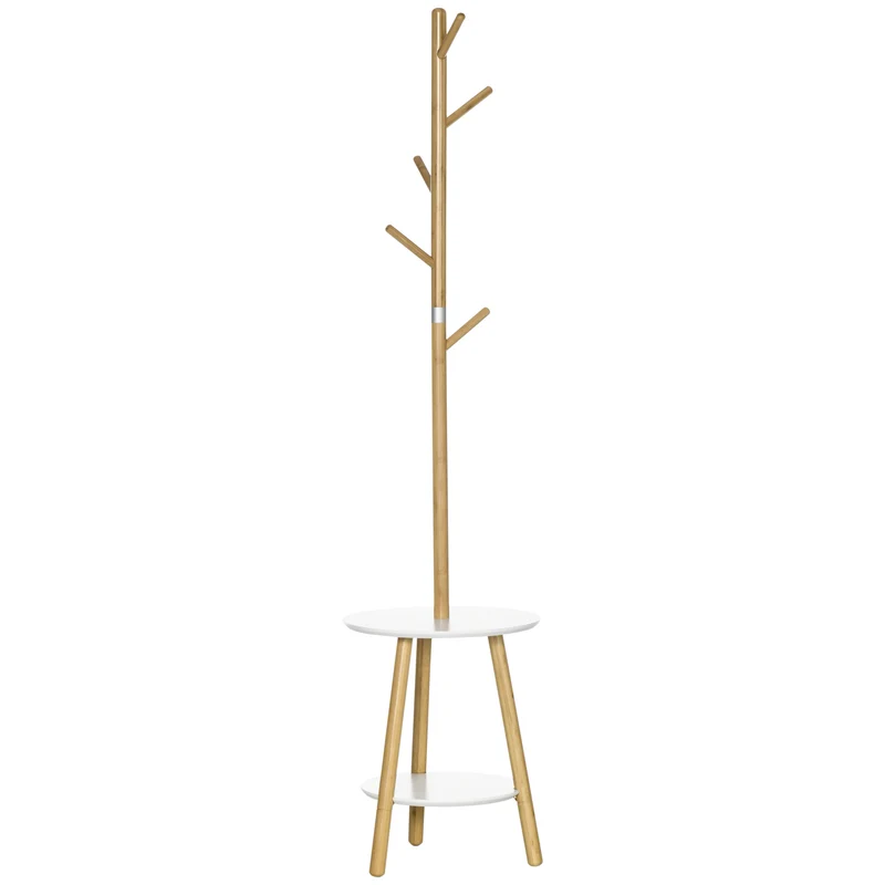 Porte-manteaux sur pied 2 en 1 39,5 x 39,5 x 171 cm 5 crochets et étagères gain de place contemporain en bambou naturel 21_0002649