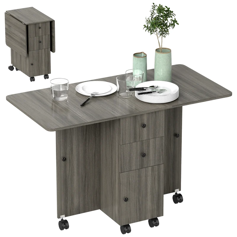 Table pliante 120 x 60 x 76,5 cm 2 plateaux tiroirs placard roulettes compact design en panneau de particules gris foncé 21_0002279