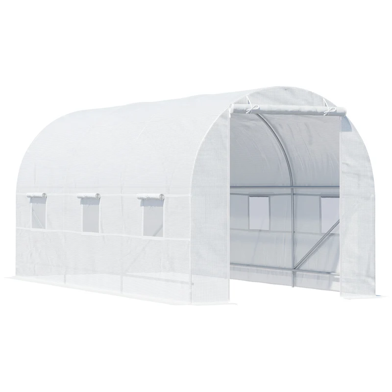 Serre tunnel de jardin 445 x 200 x 200 cm ventilation réglable six fenêtres porte zippée moderne en polyéthylène blanc 21_0004059