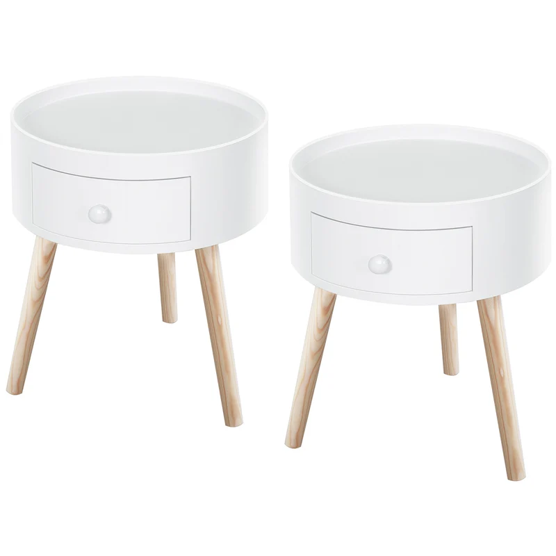 Lot de 2 tables de chevet rondes 38 x 38 x 45 cm tiroir pratique pieds effilés épuré scandinave chambre en MDF blanc 21_0001836