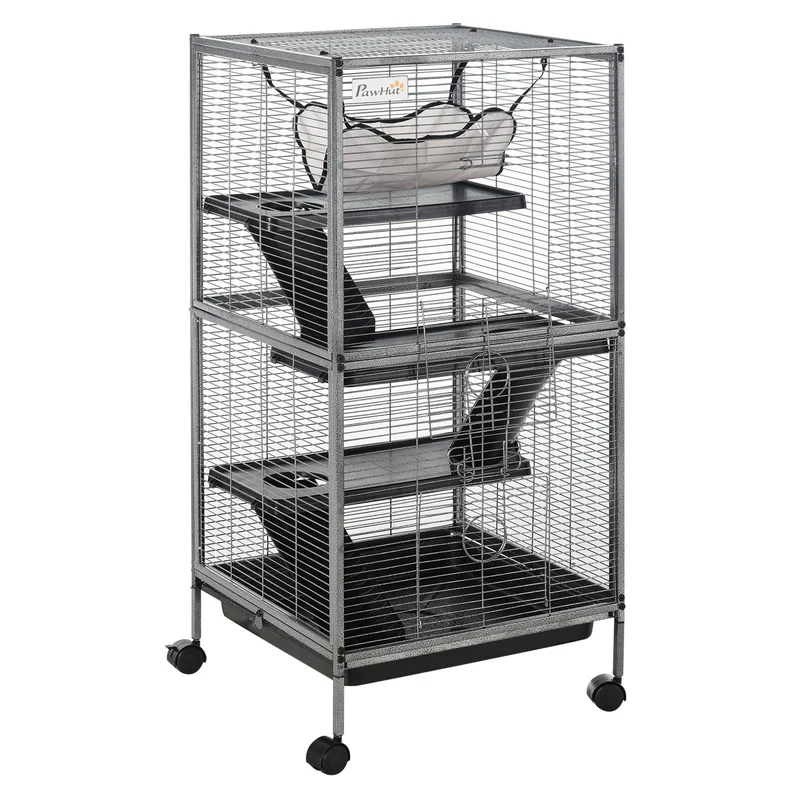 Cage pour petits animaux 4 niveaux 52 x 52 x 114 cm bac amovible nettoyage facile avec hamac moderne épuré en métal gris 21_0007902