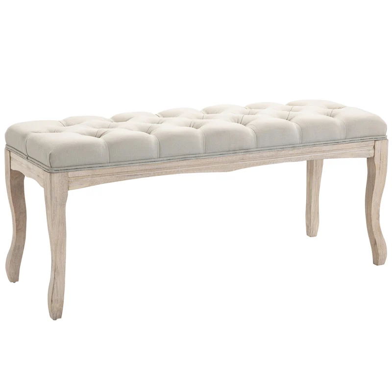 Banquette capitonnée bout de lit 110 x 40 x 48 cm rembourrée mousse haute densité confortable classique en lin beige 21_0002633