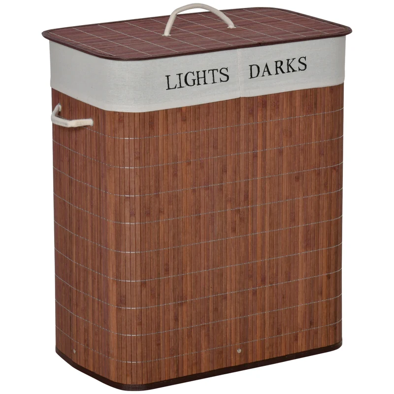 Panier à linge 2 bacs 52 x 32 x 63 cm sac amovible lavable poignées pliable scandinave minimaliste en bambou marron 21_0005783