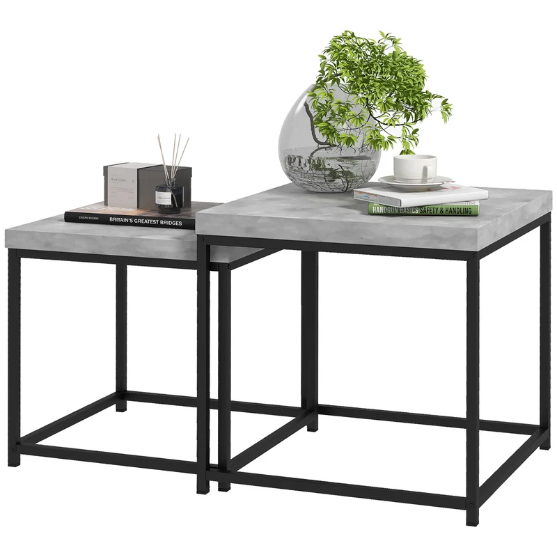 Lot de 2 tables gigognes encastrables 45 x 45 x 45 cm et 40 x 40 x 39 cm multifonction moderne élégant en acier gris 21_0003158