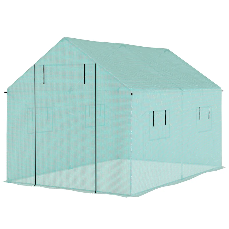 Serre tunnel de jardin 300 x 200 x 200 cm porte et 4 fenêtres enroulables avec grilles moderne en polyéthylène vert 21_0005442