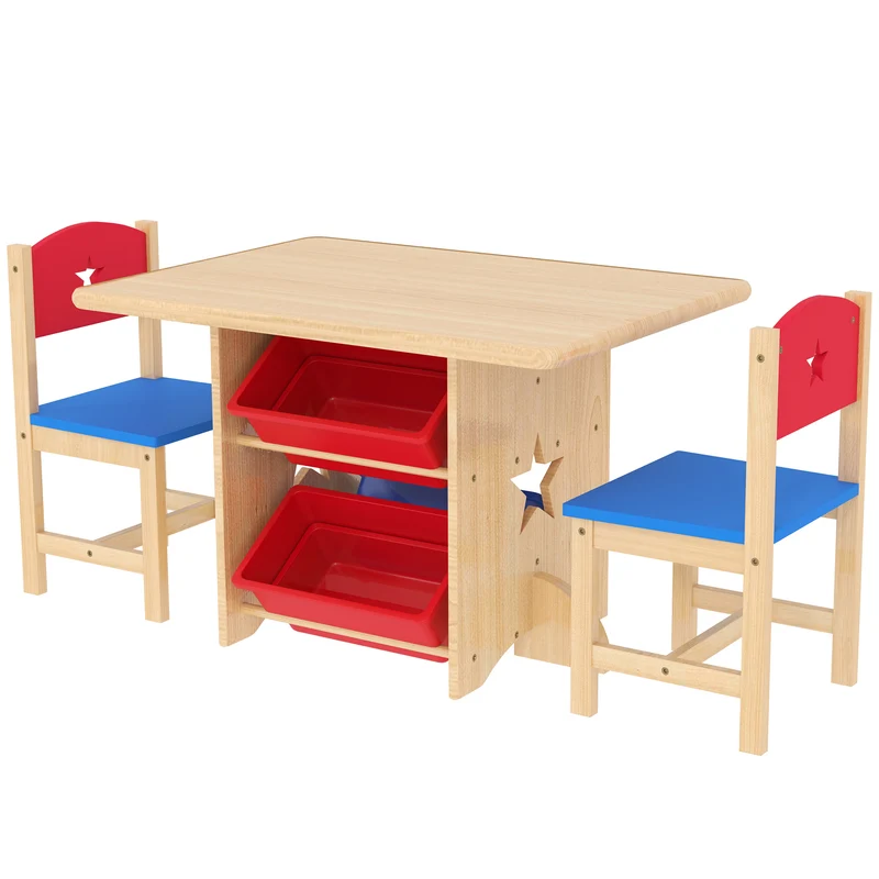 Ensemble table enfant 2 chaises 77 x 57 x 50 cm rangement 4 bacs sécurité bords arrondis scandinave en MDF bois naturel 21_0000217