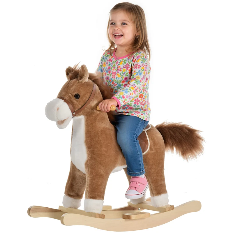 Cheval à bascule enfant siège confort 65 x 32.5 x 61 cm poignées et sons interactifs classique cosy en peluche brun 21_0000277