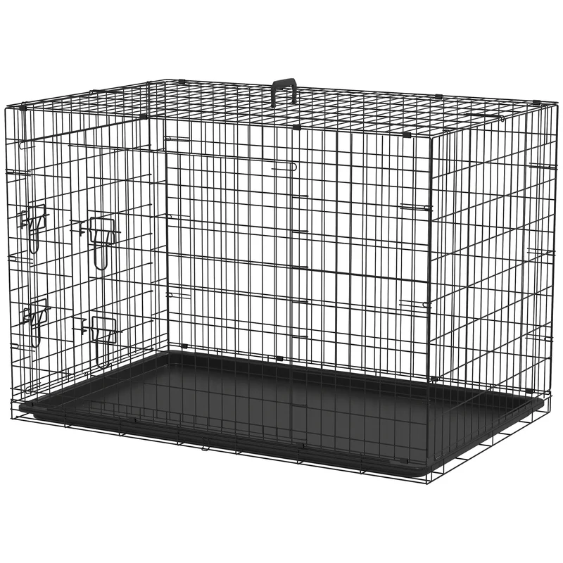 Cage de transport pliable pour chien 121 x 77 x 82 cm 2 portes sécurisées plateau amovible moderne épuré en acier noir 21_0007206
