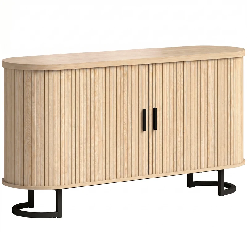 Buffet ovale rangement salon 140 x 40 x 75 cm portes coulissantes étagères réglables scandinave en MDF bois naturel 21_0003651
