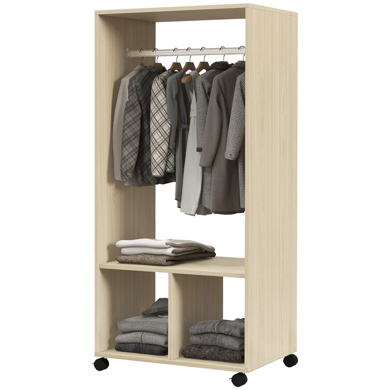 Armoire penderie 60 x 40 x 128 cm avec roulettes et frein rangement scandinave en panneau de particule bois naturel 21_0001431
