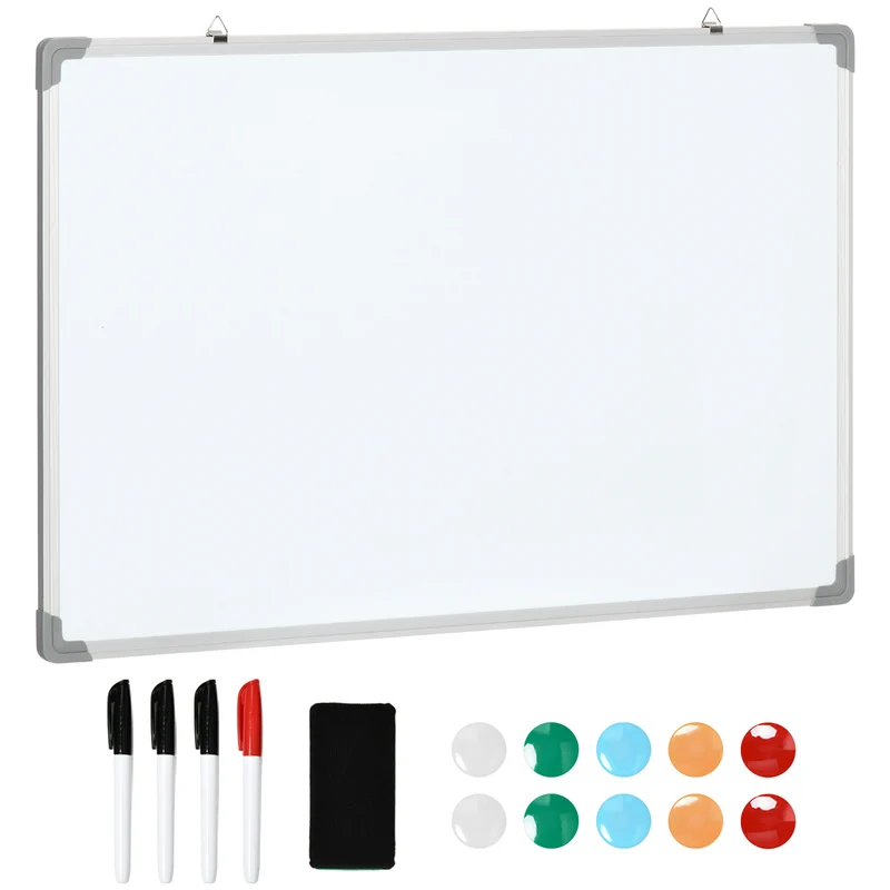 Tableau blanc magnétique mural 90 x 60 x 1,8 cm surface effaçable à sec aimants inclus moderne épuré en acier blanc 21_0006096