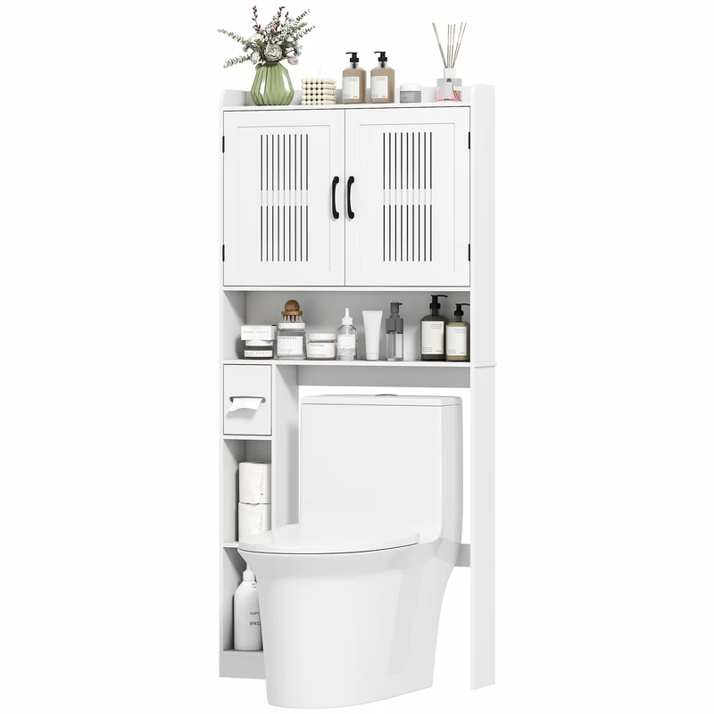Armoire au-dessus des toilettes 80 x 19,5 x 170 cm gain de place et porte rouleau intégré moderne épuré en MDF blanc 21_0002092