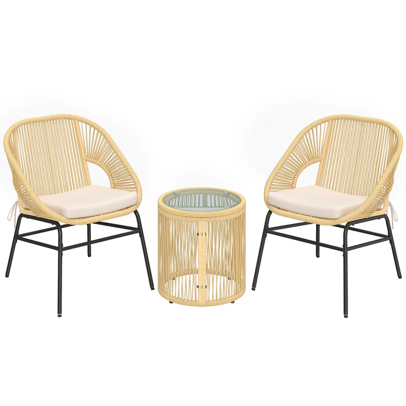 Lot de 3 ensemble bistro balcon 63 x 73 x 81 cm coussins déhoussables pieds réglables design en résine tressée beige 21_0006021