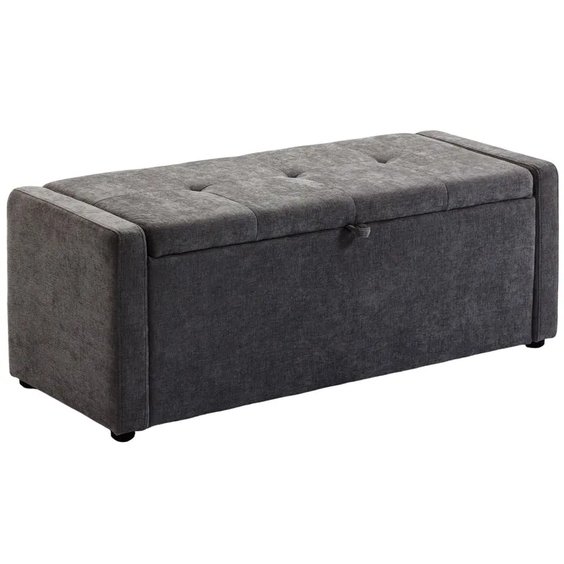 Banc de rangement bout de lit 122 x 48 x 44 cm grand coffre de rangement assise rembourrée scandinave en lin gris foncé 21_0002994