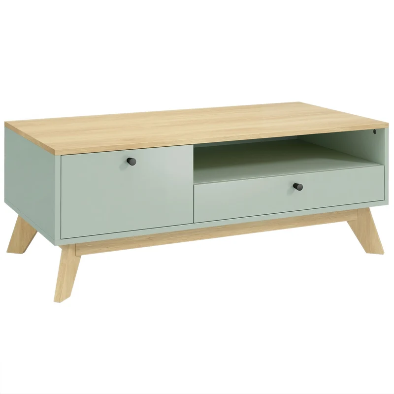 Table basse rectangulaire salon 100 x 50 x 40 cm rangement tiroir placard ouvert utile design moderne en MDF vert clair 21_0003655