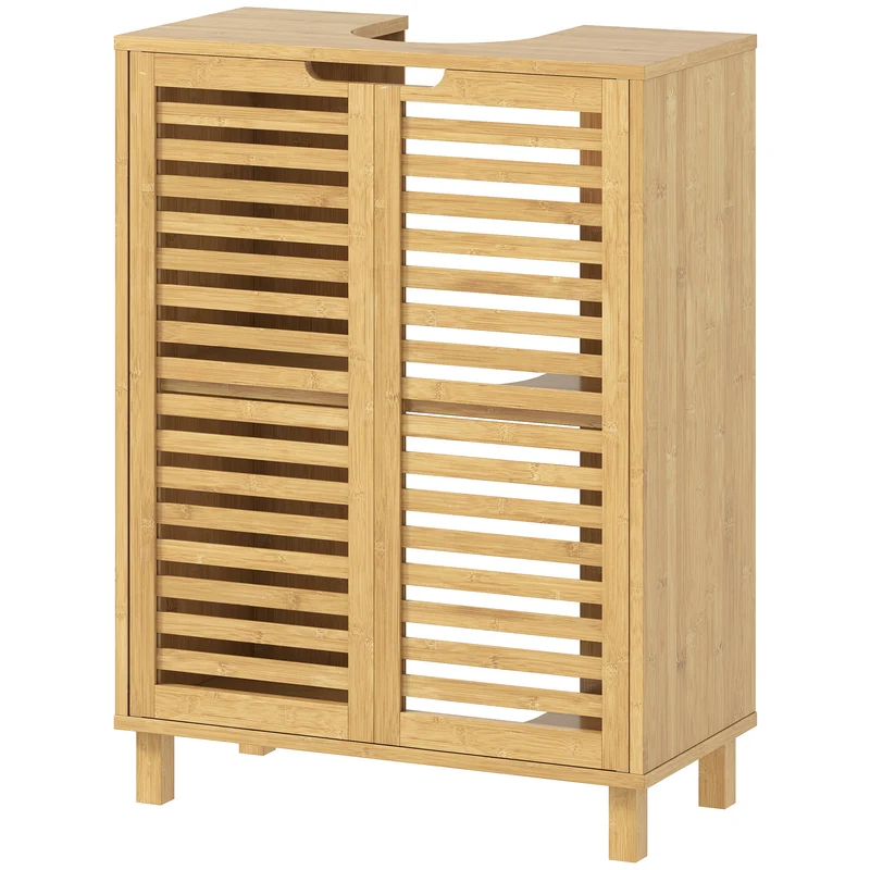 Meuble sous lavabo salle de bain 60 x 30 x 80 cm découpe en u étagère réglable moderne épuré en bambou bois naturel 21_0002120