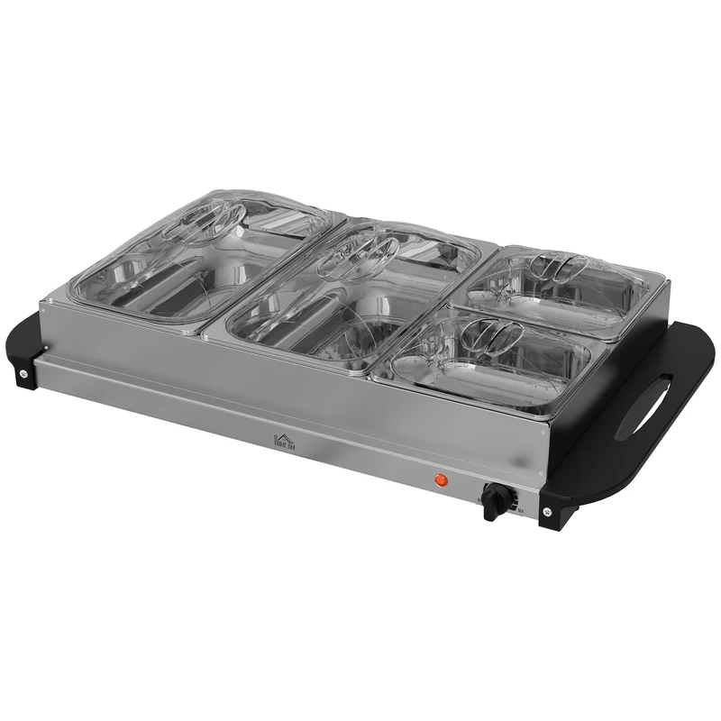 Chauffe-plats électrique buffet 4 zones 64 x 36 x 14 cm chaleur réglable 58-85 °c moderne en acier inoxydable argent 21_0000942