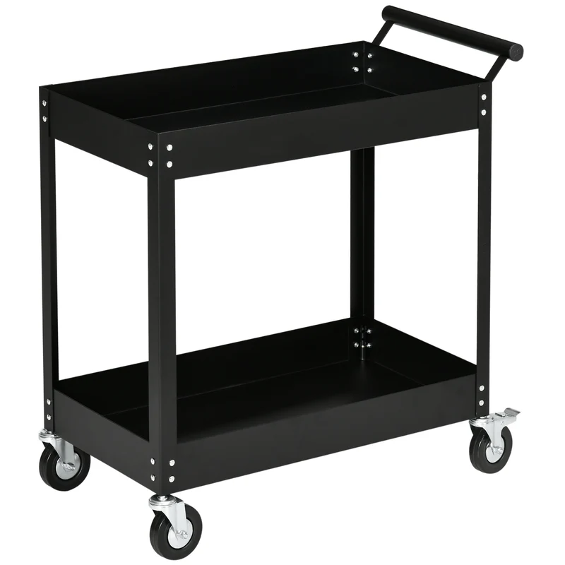 Chariot d'atelier 2 niveaux 84.5 x 38 x 84 cm roulettes verrouillables capacité 150 kg robuste industriel en acier noir 21_0006976