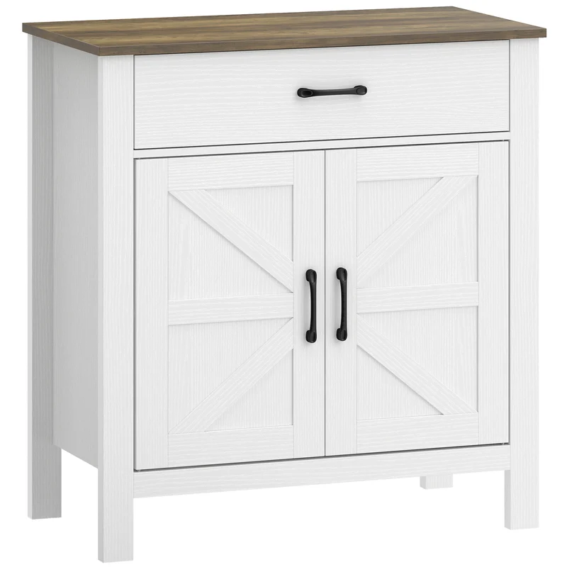 Buffet de salon portes de grange 77 x 39,3 x 81,5 cm tiroir large étagère réglable rustique ambiance cosy en MDF blanc 21_0003653
