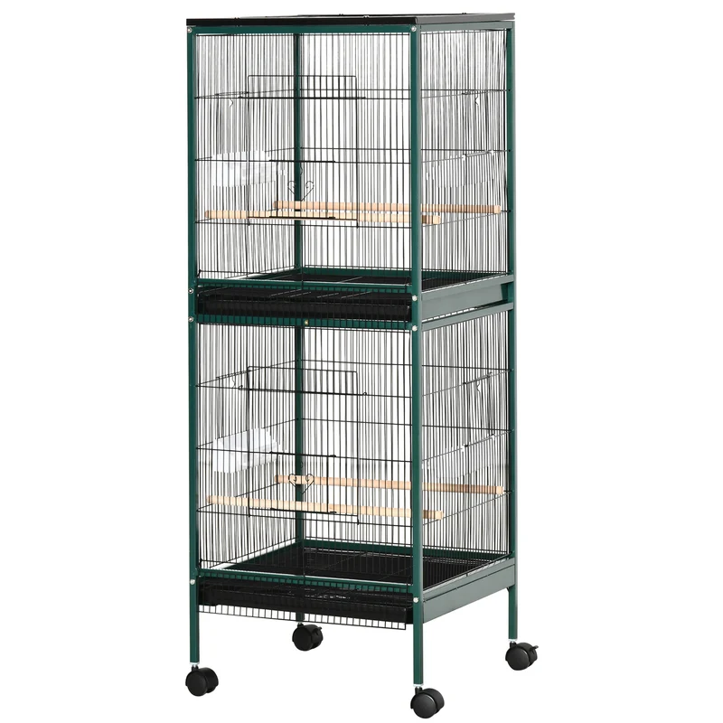 Volière double sur pied grand format 51.5 x 50 x 140 cm plateau amovible roulettes moderne fonctionnelle en acier vert 21_0007573