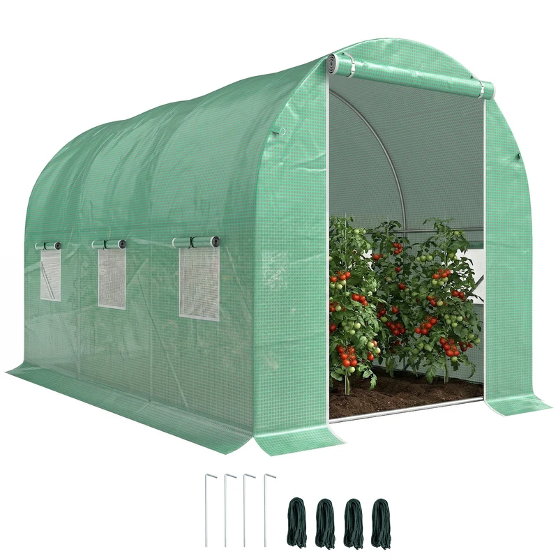 Serre de jardin tunnel 298 x 196 x 198 cm protection intempéries et oiseaux aération porte zippée moderne en métal vert 21_0004071