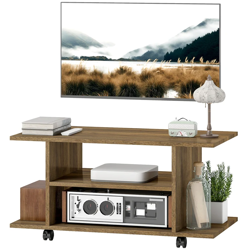 Meuble télévision sur roulettes rangement 80 x 40 x 40 cm gain de place et mobilité design contemporain en mélamine noyer 21_0003436