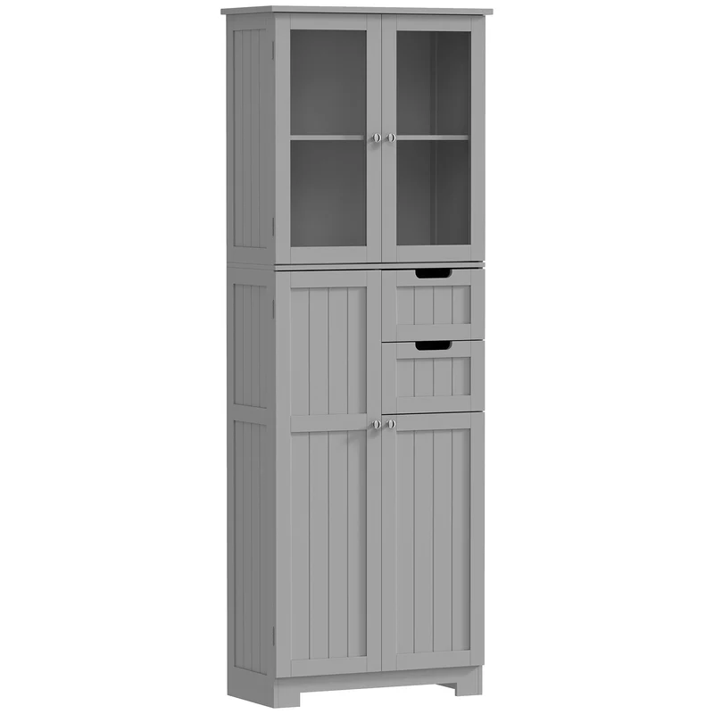 Meuble haut de salle de bain 60 x 30 x 170 cm étagères réglables 4 portes 2 vitrées 2 tiroirs moderne cosy en MDF gris 21_0002031