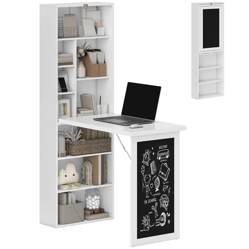 Bureau mural pliable gain de place 98 x 51 x 153 cm avec étagère et tableau à craie épuré contemporain en MDF blanc 21_0002453