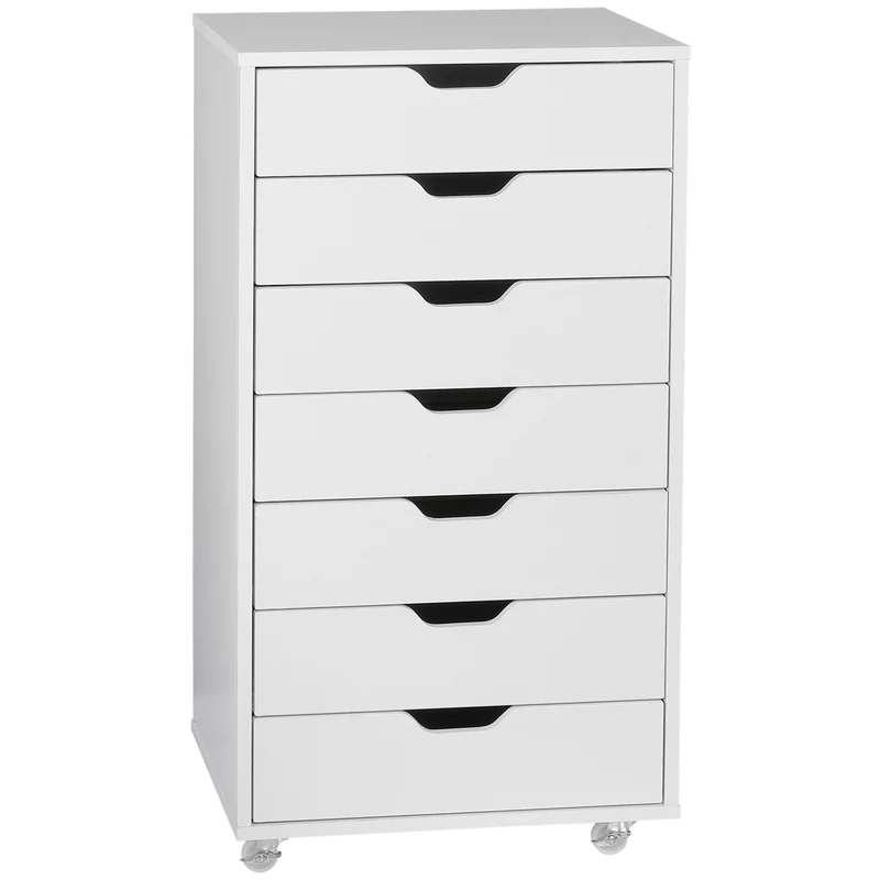 Caisson de bureau 47,5 x 39,5 x 90 cm 7 tiroirs roulettes freinées rangement utile design en panneau de particules blanc 21_0006389