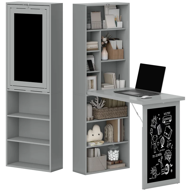 Bureau pliable mural avec rangement 98 x 51 x 153 cm gain de place tableau noir intégré moderne épuré en MDF gris foncé 21_0002448