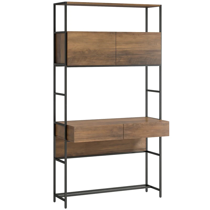 Bureau ordinateur rangement 100 x 45 x 185 cm gain de place sécurisé style moderne compact 2 tiroirs en mélamine marron 21_0002576
