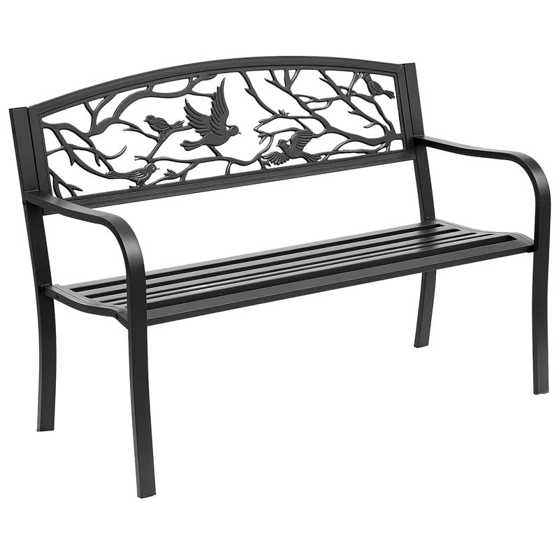 Banc de jardin 3 places 127 x 60 x 85 cm assise profonde dossier incliné ergonomique rustique décoratif en métal noir 21_0004591
