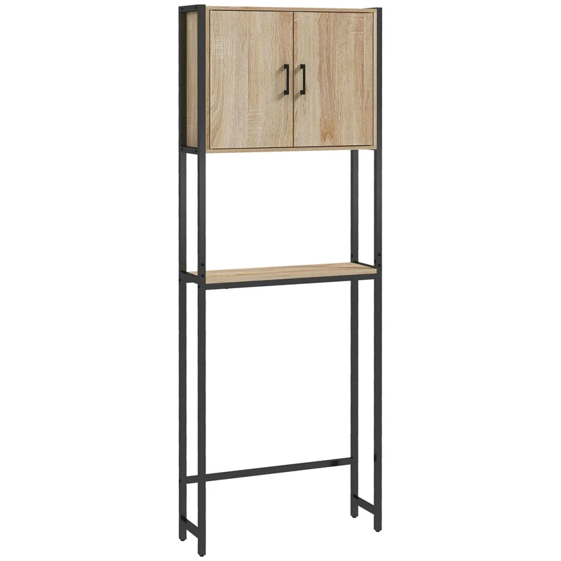 Meuble dessus wc rangement 64 x 19 x 178 cm gain de place étagère industriel épuré en panneaux de particules chêne clair 21_0001984