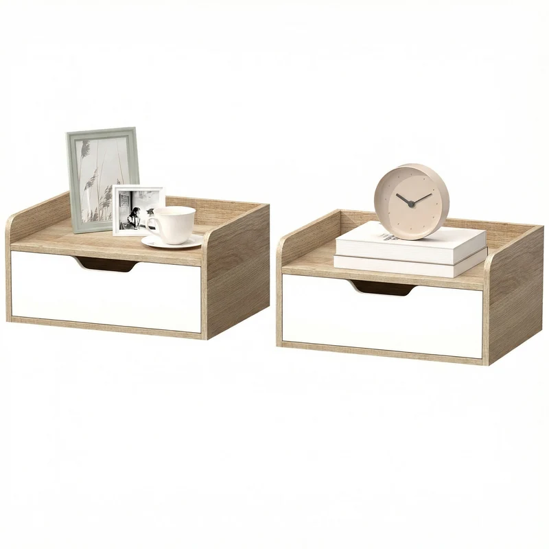 Lot de 2 tables de chevet murales 40 x 30 x 19.5 cm tiroir plateau rebordé moderne en bois d'ingénierie bois naturel 21_0001548