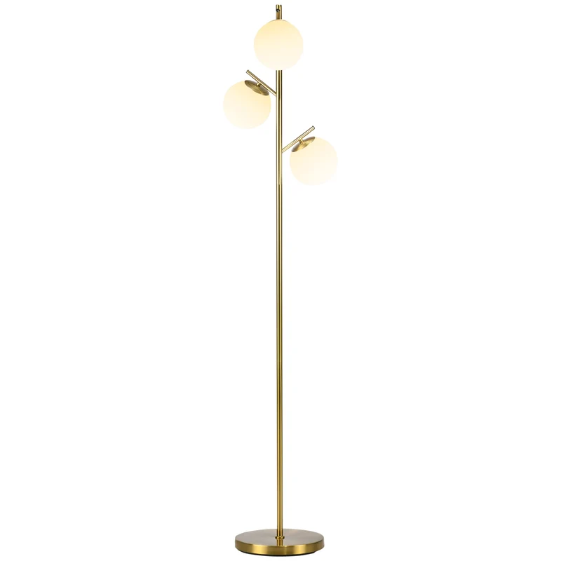 Lampadaire salon 27 x 169 cm 3 abat-jours globes opalins lumière tamisée interrupteur à pied art déco en métal doré 21_0007015