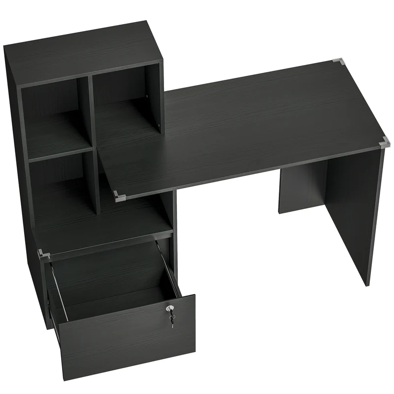 Bureau d'ordinateur 126 x 50 x 109 cm 4 niches tiroir sécurisé moderne plateau spacieux en panneau de particules noir 21_0002562