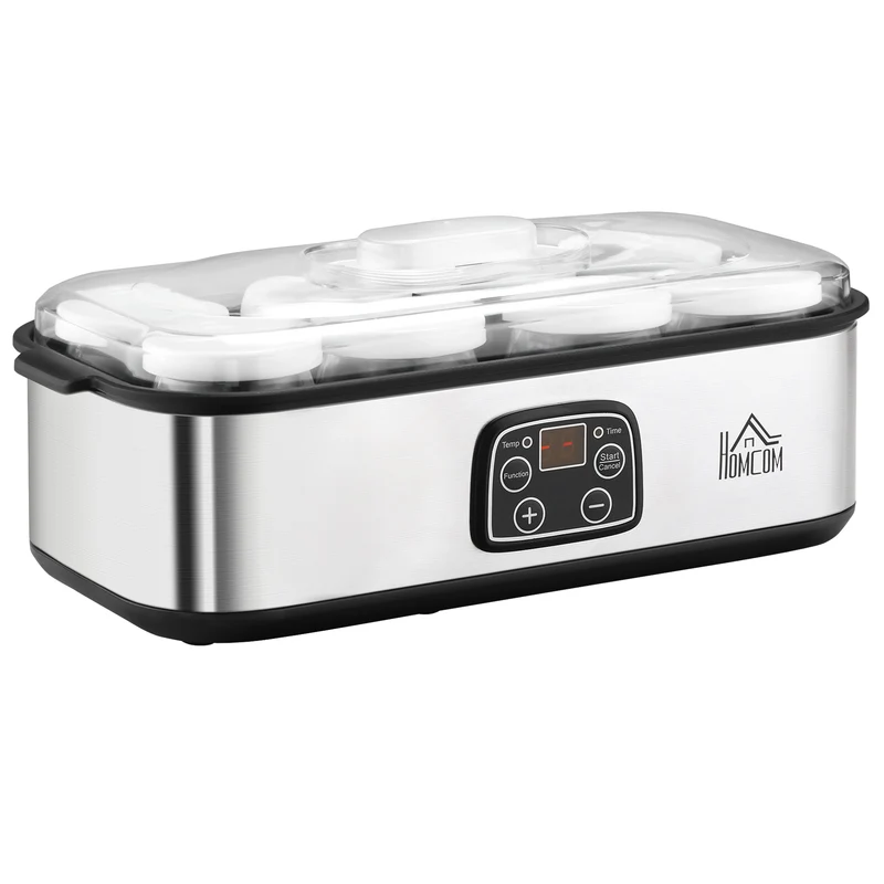 Yaourtière électrique 8 pots 180 ml familiale 36 x 18.8 x 14 cm minuterie programmable épuré en acier inoxydable argent 21_0000935