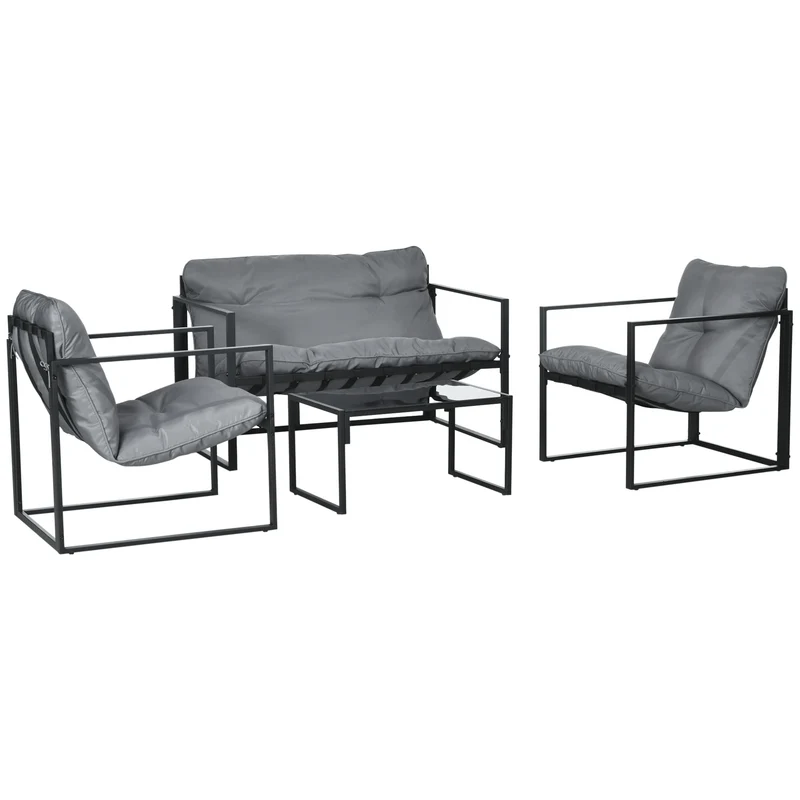 Salon de jardin 4 pièces canapé 2 places 2 fauteuils table 114 x 70 x 67 cm confort coussins cosy moderne en acier gris 21_0005161