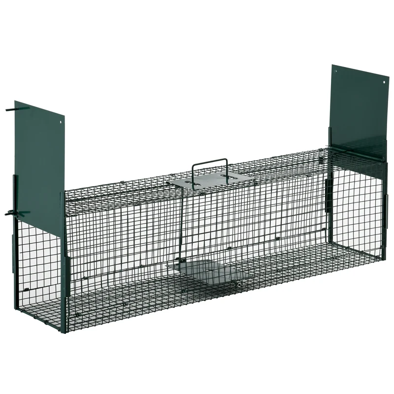 Piège vivant cage double porte 100 x 25 x 28 cm capture sans cruauté poignée pratique moderne épuré en métal vert foncé 21_0006956